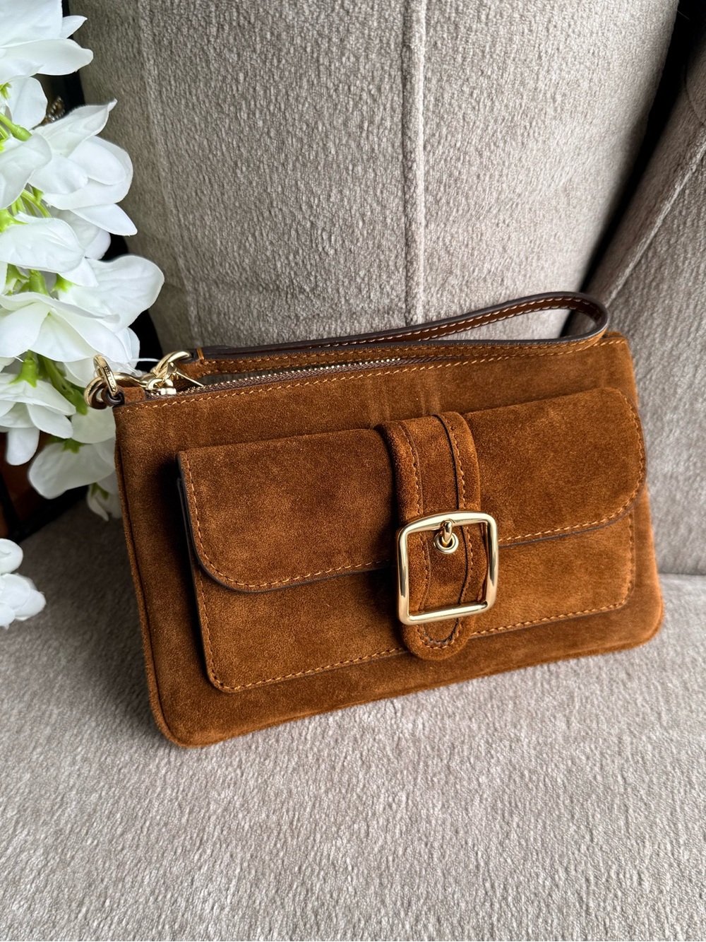 Coach Suede Wristlet Clutch in Brown with Gold Buckle NWT